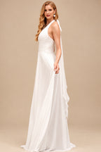 Rutipo White A-Line Halter Sleeveless Sweep Train Chiffon With Pockets Bride Wedding Dress