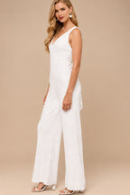 Rutipo White Jumpsuit/Pantsuit V-Neck Sleeveless Floor-Length Sequined With Bow(s) Bride Wedding Dress