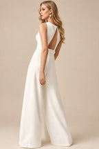 Rutipo Ivory Jumpsuit/Pantsuit Scoop Neck Sleeveless Floor-Length Italian Satin With Pockets Bride Wedding Dress