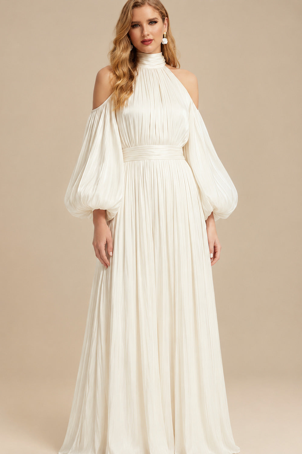 Rutipo Ivory A-Line Halter Long Sleeves Floor-Length With Pleated Bride Wedding Dress
