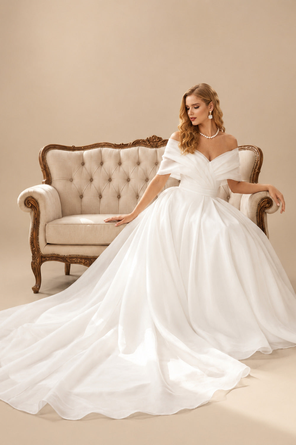 Rutipo Ivory Ball-Gown V-Neck/Off-The-Shoulder Sleeveless Sweep Train Tulle Wedding Dresses