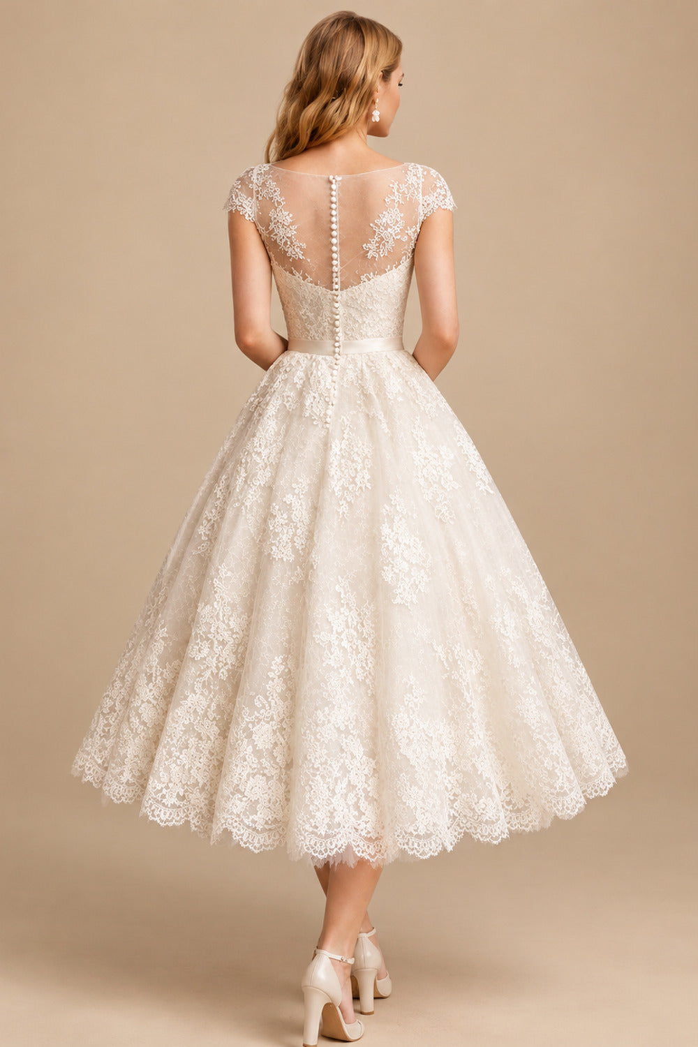 Rutipo Ivory A-Line Sweetheart Short Sleeves Tea-Length Lace Wedding Dresses With Lace/Appliques