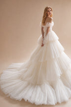 Rutipo Ivory Ball-Gown Off-The-Shoulder Sleeveless Chapel Train Satin/Tulle Bride Wedding Dress With Cascading Ruffles