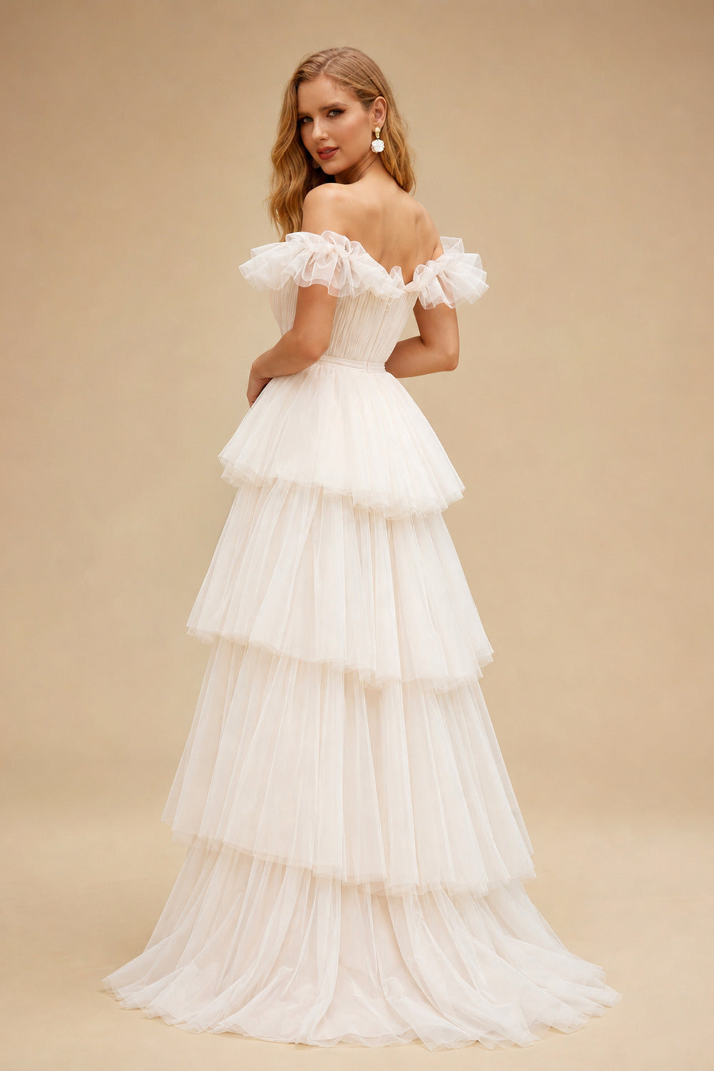Rutipo Ivory Ball-Gown Off-The-Shoulder Sleeveless Chapel Train Satin/Tulle Bride Wedding Dress With Cascading Ruffles