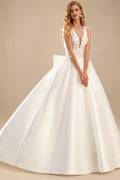 Rutipo Ivory Ball-Gown Plunge Neck Sleeveless Court Train Twill Satin Bride Wedding Dress With Bow(s)/Pockets/Appliques