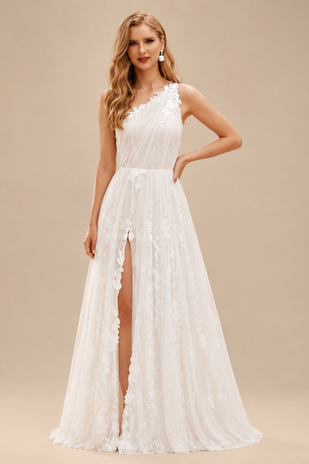 Rutipo Ivory A-Line One-Shoulder Sleeveless Sweep Train Tulle Bride Wedding Dress With Appliques Lace/High Split
