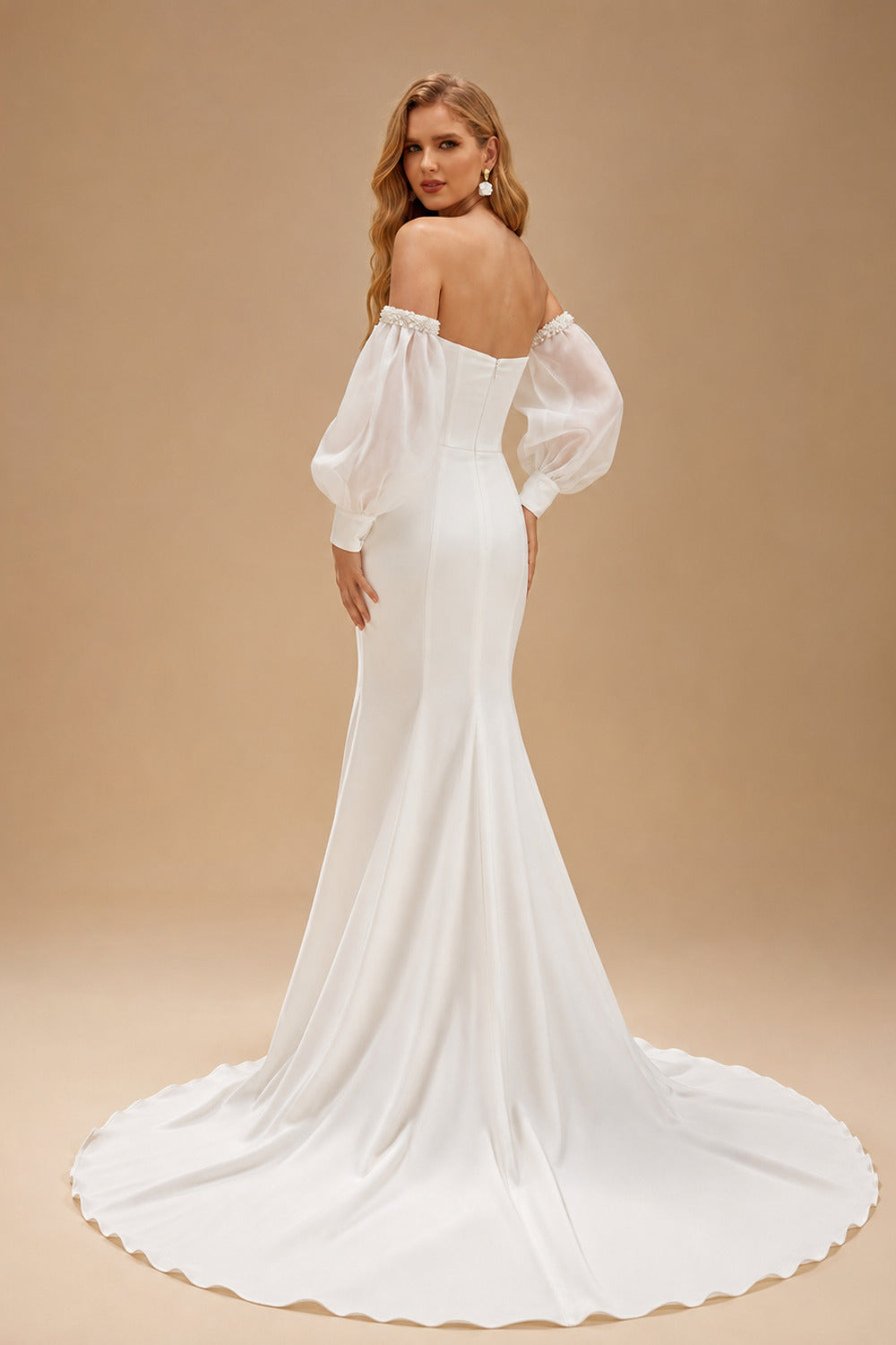 Rutipo Ivory Trumpet/Mermaid Off-The-Shoulder Long Sleeves Chapel Train Crepe Satin Wedding Dresses With Beading