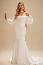 Rutipo Ivory Trumpet/Mermaid Off-The-Shoulder Long Sleeves Chapel Train Crepe Satin Wedding Dresses With Beading