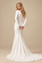 Rutipo Ivory Trumpet/Mermaid Scoop Neck Long Sleeves Court Train Crepe Satin Bride Wedding Dress With Beading