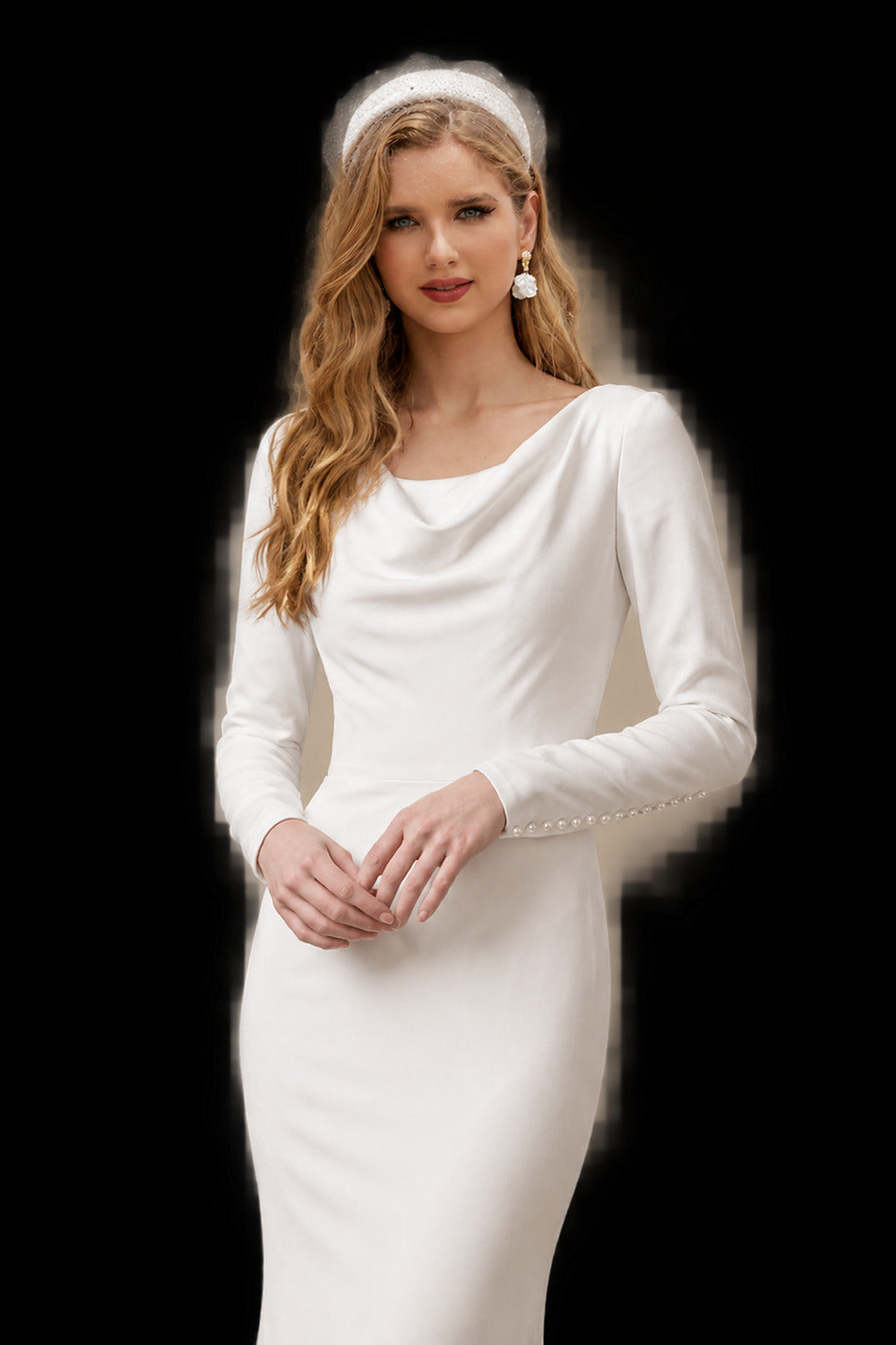 Rutipo Ivory Trumpet/Mermaid Scoop Neck Long Sleeves Court Train Crepe Satin Bride Wedding Dress With Beading
