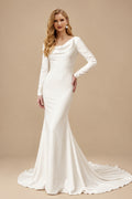 Rutipo Ivory Trumpet/Mermaid Scoop Neck Long Sleeves Court Train Crepe Satin Bride Wedding Dress With Beading