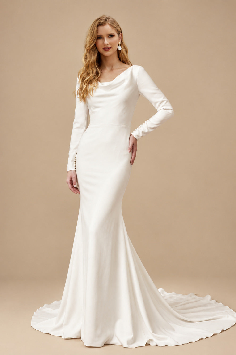 Rutipo Ivory Trumpet/Mermaid Scoop Neck Long Sleeves Court Train Crepe Satin Bride Wedding Dress With Beading