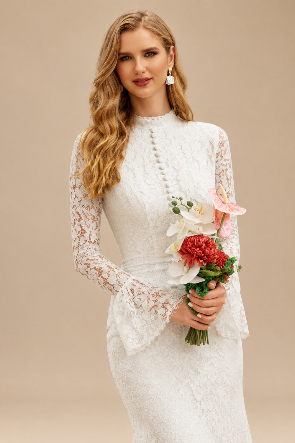 Rutipo Ivory Trumpet/Mermaid High Neck Long Sleeves Ankle-Length Lace/Elastic Satin Bride Wedding Dress With Flower