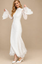 Rutipo Ivory Trumpet/Mermaid High Neck Long Sleeves Ankle-Length Lace/Elastic Satin Bride Wedding Dress With Flower