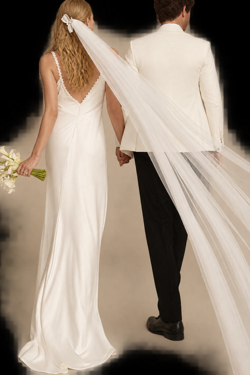 Rutipo Ivory A-Line V-Neck Sleeveless Open Back Sweep Train Crepe Satin Bride Wedding Dress