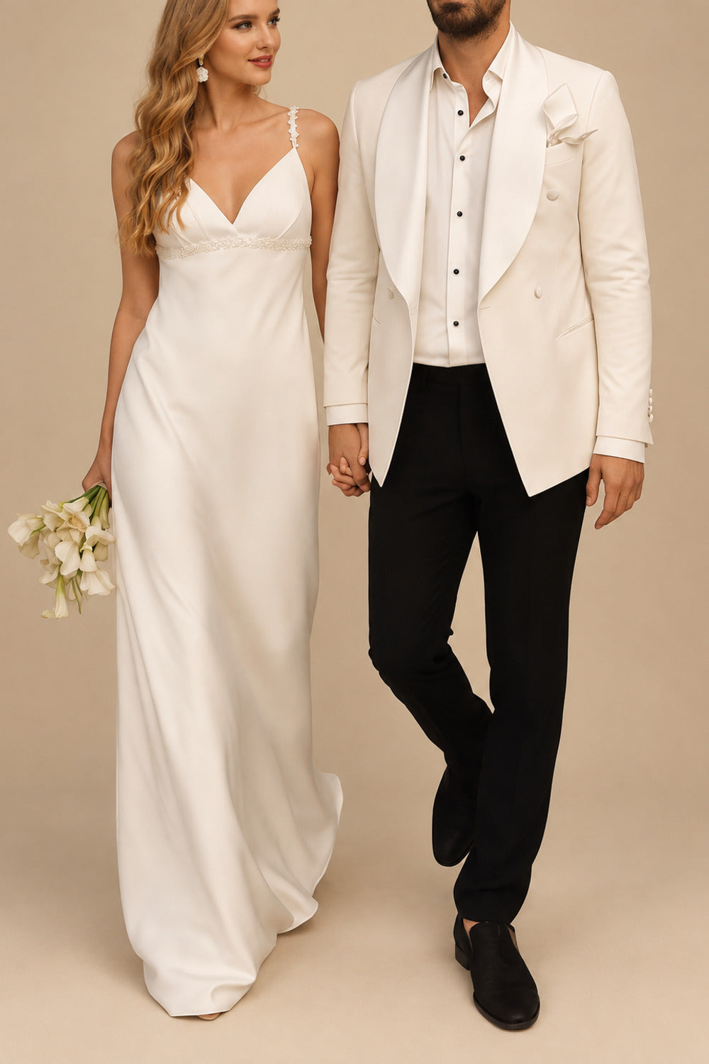 Rutipo Ivory A-Line V-Neck Sleeveless Open Back Sweep Train Crepe Satin Bride Wedding Dress