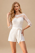 Rutipo Ivory Jumpsuit/Pantsuit Illusion Neck 1/2 Sleeves Short Lace/Tulle Wedding Dresses With Appliques Lace