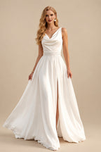 Rutipo Ivory A-Line Cowl Neck Sleeveless Sweep Train Stretch Satin Bride Wedding Dress With Pockets/Detachable Shawl