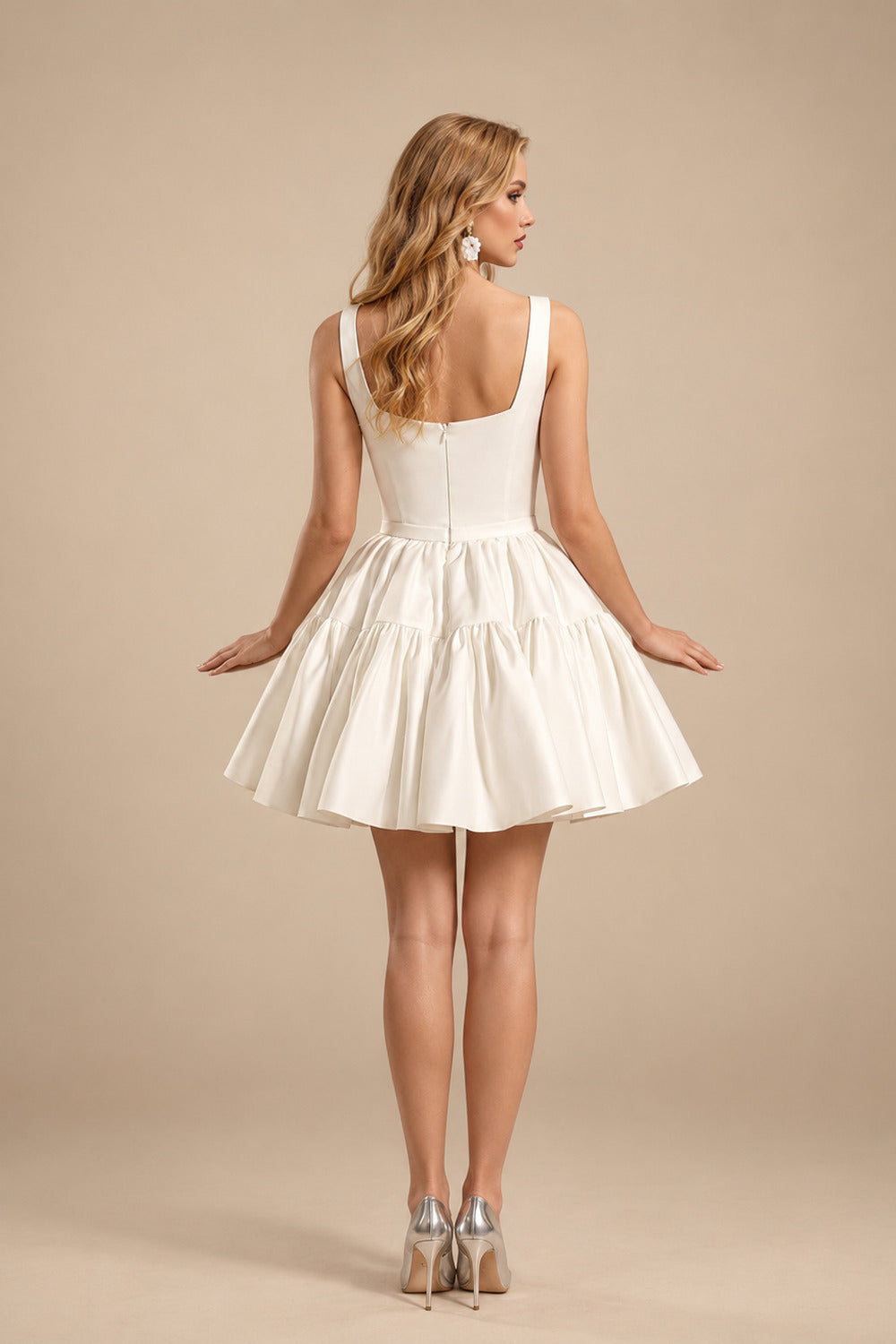 Rutipo Ivory A-Line Square Neckline Sleeveless Short/Mini Matte Satin Bride Wedding Dress