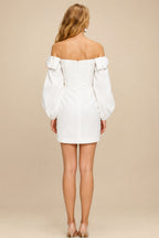 Rutipo Ivory Sheath/Column Off-The-Shoulder Long Sleeves Short/Mini Elastic Satin Bride Wedding Dress With Bow(s)