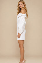 Rutipo Ivory Sheath/Column Off-The-Shoulder Long Sleeves Short/Mini Elastic Satin Bride Wedding Dress With Bow(s)