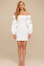 Rutipo Ivory Sheath/Column Off-The-Shoulder Long Sleeves Short/Mini Elastic Satin Bride Wedding Dress With Bow(s)