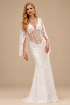 Rutipo Ivory Trumpet/Mermaid V-Neck Cape Sleeves Chapel Train Tulle/Glitter Lace Wedding Dresses With Lace