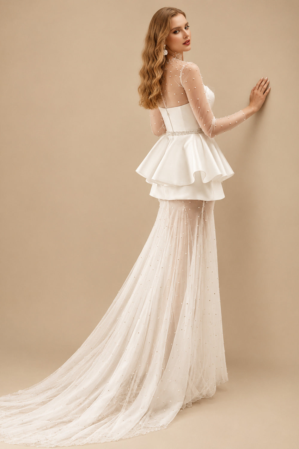 Rutipo Ivory A-Line High Neck Long Sleeves Court Train Satin Bride Wedding Dress With Beading