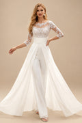 Rutipo Ivory Jumpsuit/Pantsuit Scoop Neck 3/4 Sleeves Floor-Length Chiffon/Lace Wedding Dresses With Lace/Overskirt Dress