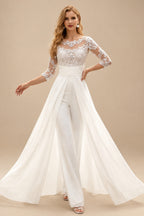Rutipo Ivory Jumpsuit/Pantsuit Scoop Neck 3/4 Sleeves Floor-Length Chiffon/Lace Wedding Dresses With Lace/Overskirt Dress