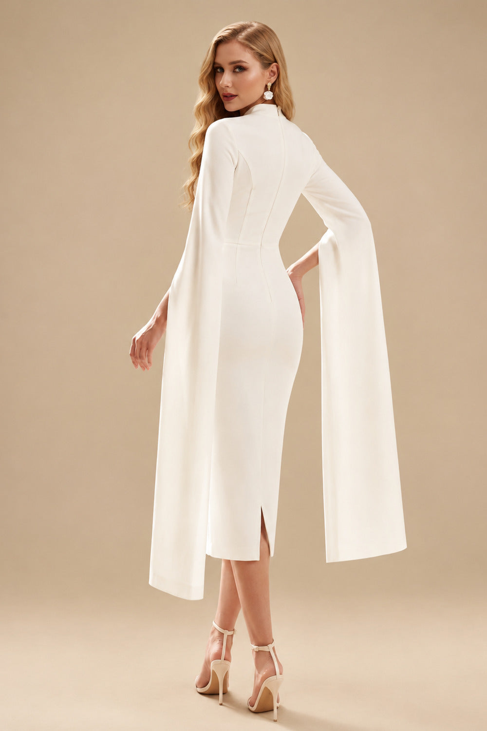 Rutipo Ivory Sheath/Column Sweetheart Long Sleeves Tea-Length Elastic Satin Wedding Dress