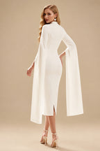 Rutipo Ivory Sheath/Column Sweetheart Long Sleeves Tea-Length Elastic Satin Wedding Dress