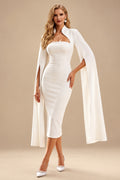 Rutipo Ivory Sheath/Column Sweetheart Long Sleeves Tea-Length Elastic Satin Wedding Dress