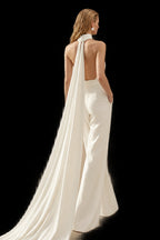 Rutipo Ivory Jumpsuit/Pantsuit Halter Sleeveless Court Train Crepe Satin Wedding Dress With Pockets