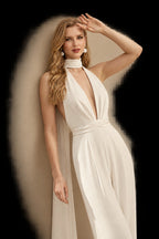 Rutipo Ivory Jumpsuit/Pantsuit Halter Sleeveless Court Train Crepe Satin Wedding Dress With Pockets