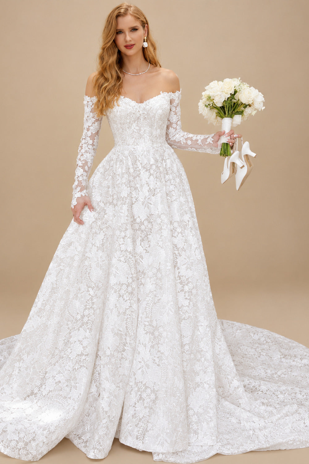 Rutipo White A-Line Off-The-Shoulder Long Sleeves Cathedral Lace Wedding Dress With Appliques Lace