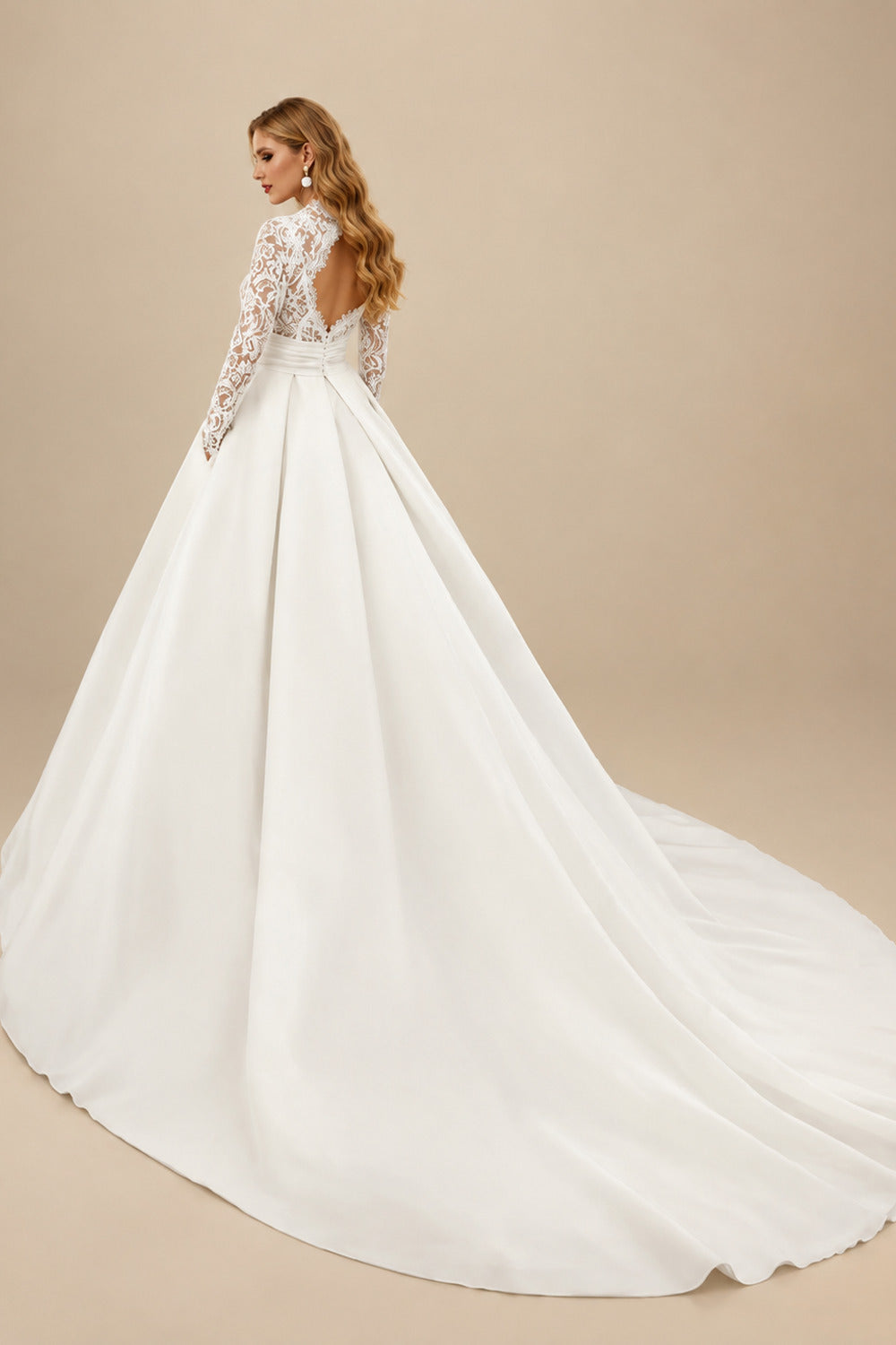 Rutipo Ivory Ball-Gown High Neck Long Sleeves Cathedral Chiffon/Lace Wedding Dress With Appliques Sash
