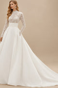 Rutipo Ivory Ball-Gown High Neck Long Sleeves Cathedral Chiffon/Lace Wedding Dress With Appliques Sash