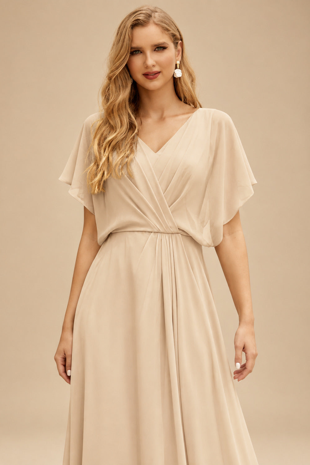 Rutipo Champagne A-Line V-Neck Sleeveless Floor-Length Chiffon/Lace Wedding Dresses With Lace/Overskirt Dress