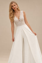 Rutipo Ivory A-Line V-Neck Sleeveless Floor-Length Chiffon/Lace Wedding Dresses With Lace/Overskirt Dress