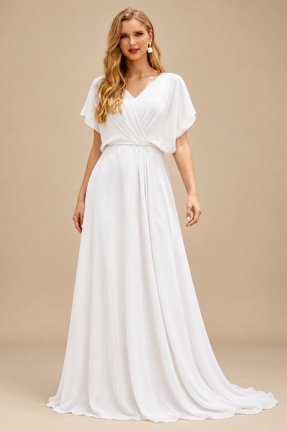 Rutipo White A-Line V-Neck Sleeveless Floor-Length Chiffon/Lace Wedding Dresses With Lace/Overskirt Dress