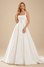 Rutipo Ivory Ball-Gown Square Neckline Sleeveless Court Train Satin Wedding Dresses With Pockets
