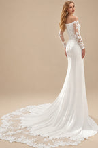 Rutipo Ivory Trumpet/Mermaid Off-The-Shoulder Long Sleeves Chapel Train Lace/Crepe Satin Wedding Dresses With Appliques Lace