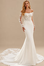 Rutipo Ivory Trumpet/Mermaid Off-The-Shoulder Long Sleeves Chapel Train Lace/Crepe Satin Wedding Dresses With Appliques Lace