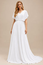 Rutipo White Trumpet/Mermaid Off-The-Shoulder Short Sleeves Chapel Train Elastic Satin Wedding Dresses