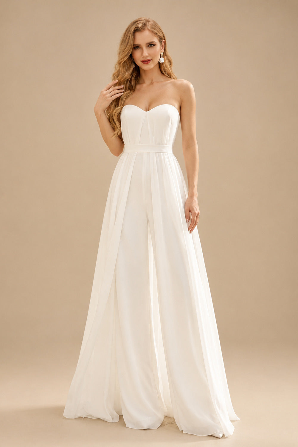 Rutipo Ivory Jumpsuit/Pantsuit Off-The-Shoulder Sleeveless Floor-Length Chiffon/Elastic Satin Wedding Dresses