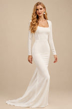 Rutipo Ivory Sheath/Column Square Neckline Long Sleeves Chapel Train Crepe Satin Wedding Dresses