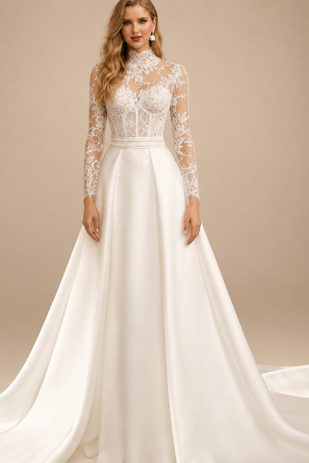 Rutipo Ivory A-Line High Neck Long Sleeves Chapel Train Lace/Matte Satin Wedding Dresses With Lace/Overskirt Dress