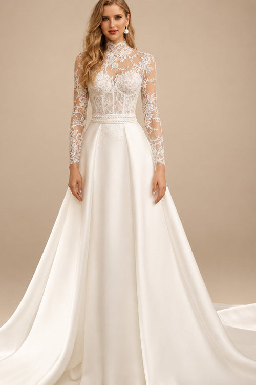 Rutipo Ivory A-Line High Neck Long Sleeves Chapel Train Lace/Matte Satin Wedding Dresses With Lace/Overskirt Dress