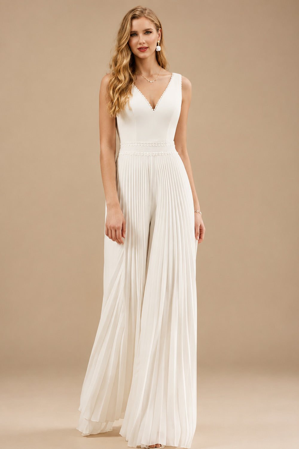 Rutipo Ivory Jumpsuit/Pantsuit V-Neck Sleeveless Floor-Length Chiffon Wedding Dresses With Pleated
